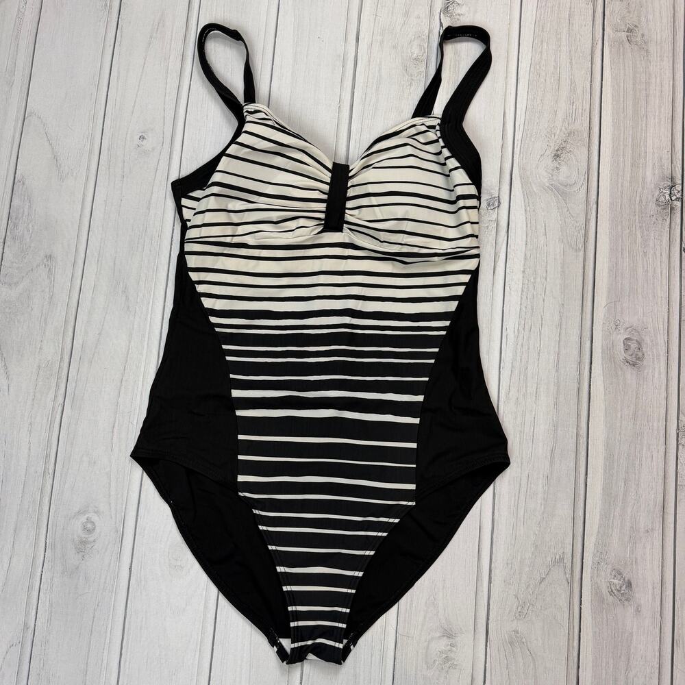 BPC Selection Black White Striped One Piece Swimsuit Size 10 Slimming